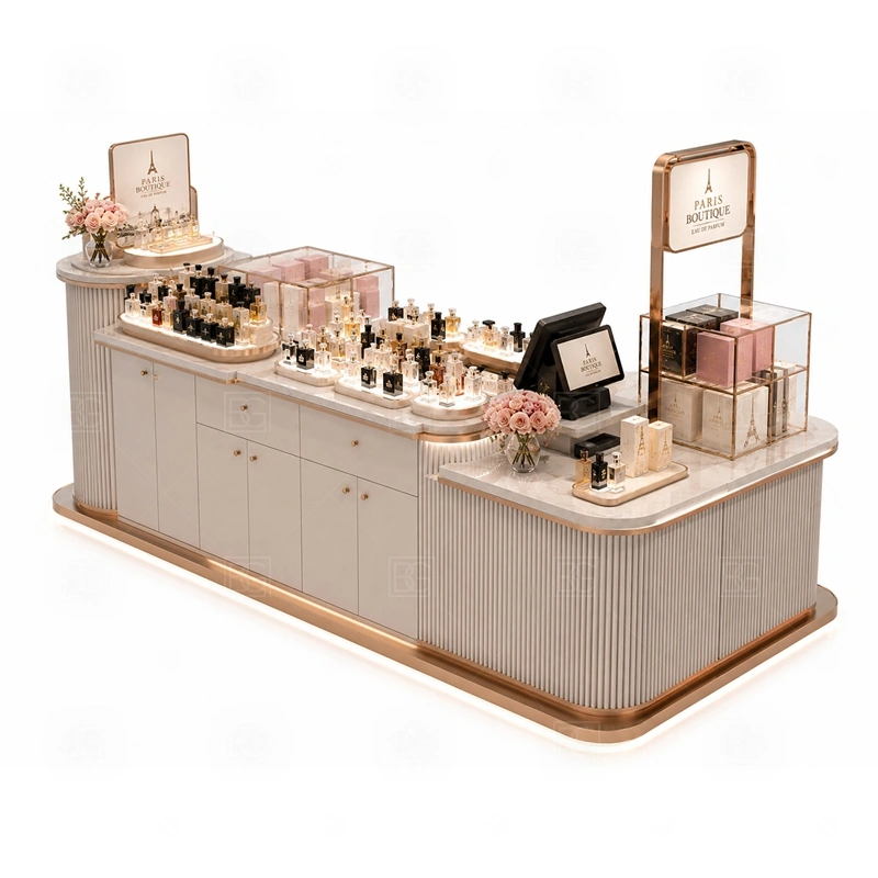 Pink Perfume Display Counter with Logo Tower display detail for tempered glass showcases and visible perfume bottle display zones planned for perfume bottles, testers, gift sets, fragrance boxes, and small beauty products, arranged around the visible showcase rhythm of Pink Perfume Display Counter with Logo Tower