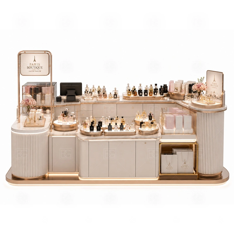 Pink Perfume Display Counter with Logo Tower storage detail for lockable drawers, bottle stock cabinets, tester storage, packaging space, and cable access planned for pink perfume display counter with logo tower