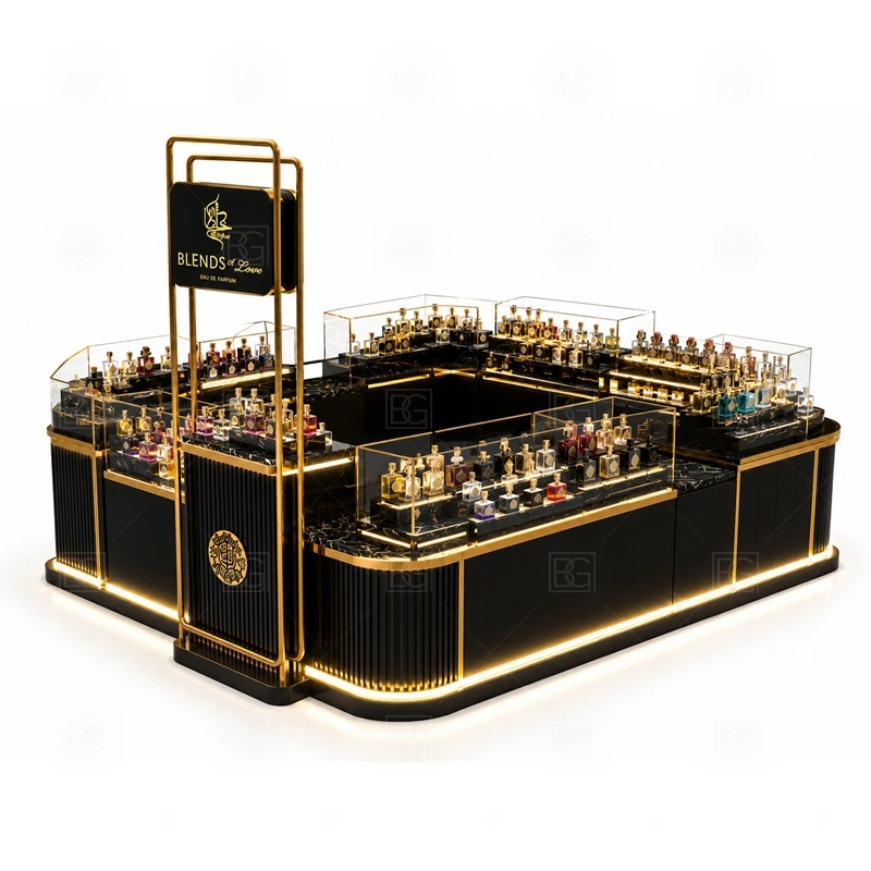 Premium Fragrance Display Stand for Sale with logo tower and illuminated signage shown in the premium fragrance display stand for sale product photos for fragrance and perfume retail