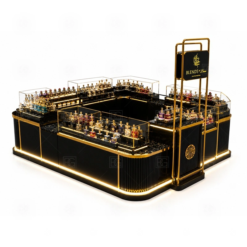 Premium Fragrance Display Stand for Sale display detail for tester counter, scent bar area, and bottle display shelves planned for perfume bottles, testers, gift sets, fragrance boxes, and small beauty products, arranged around the visible showcase rhythm of Premium Fragrance Display Stand for Sale