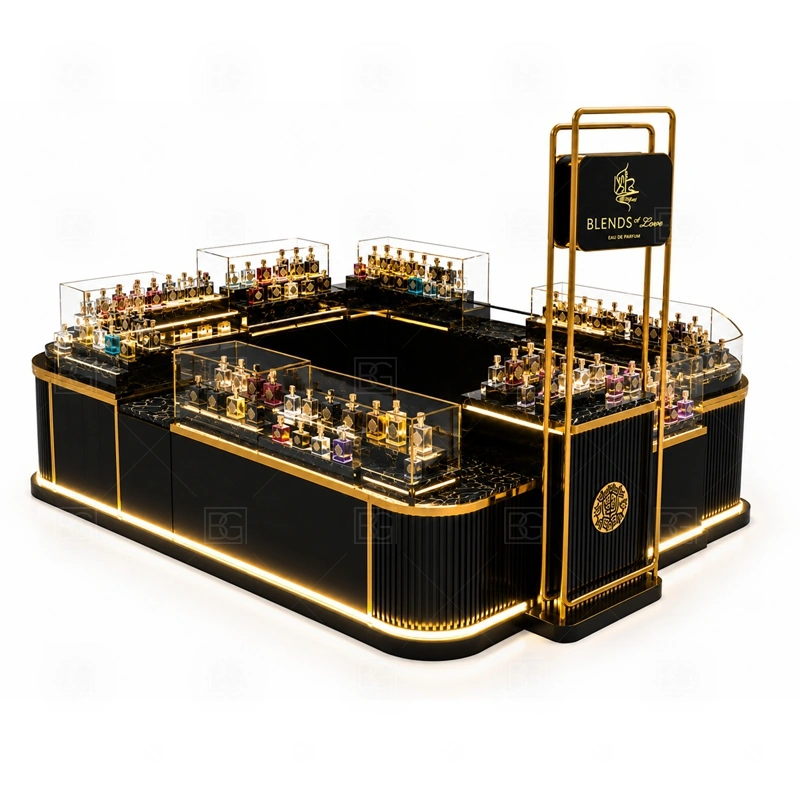Premium Fragrance Display Stand for Sale branding detail for tall logo tower and warm LED brand lighting coordinated with fragrance brand color, logo panels, front graphics, and mall visibility needs, tuned to the logo position and visible brand surfaces of Premium Fragrance Display Stand for Sale