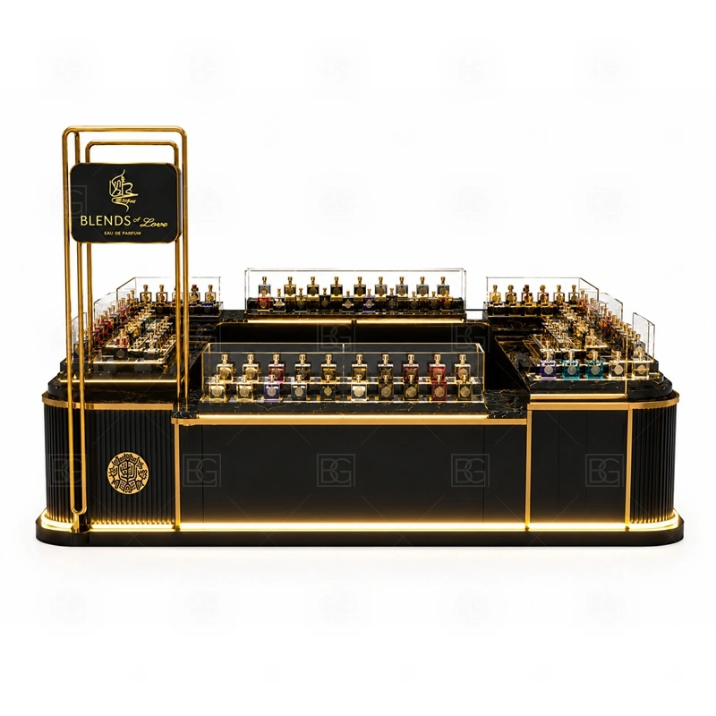 Premium Fragrance Display Stand for Sale storage detail for lockable drawers, bottle stock cabinets, tester storage, packaging space, and cable access planned for premium fragrance display stand for sale