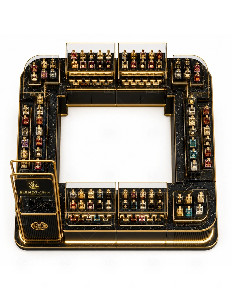 Premium Fragrance Display Stand for Sale buyer planning detail for Premium Fragrance Display Stand for Sale target size, bottle display quantity, tester counter size, logo sign dimensions, glass showcase size, lighting color, mall rules, destination country