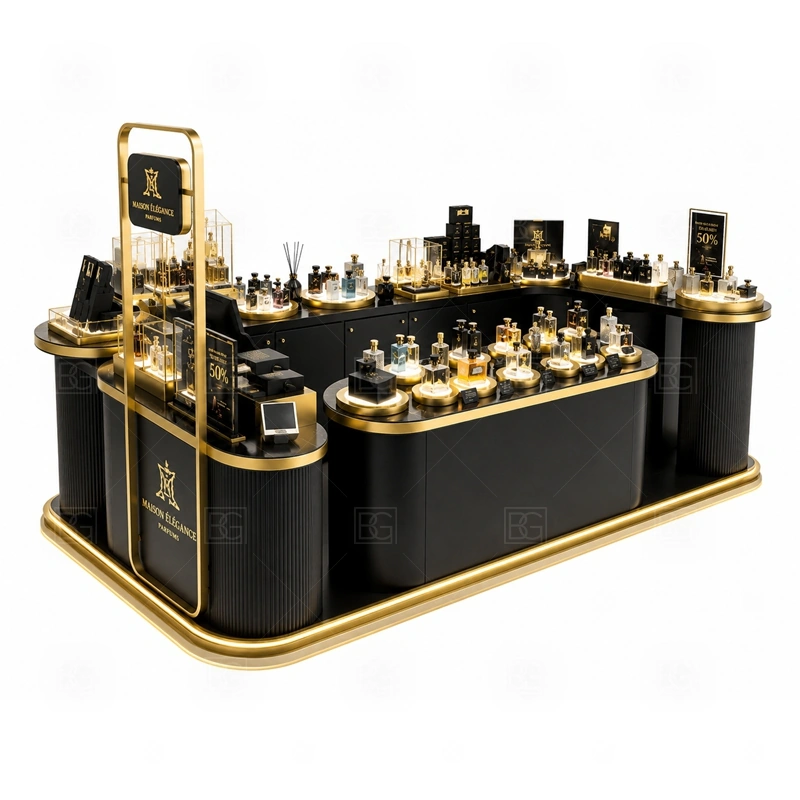 Premium Fragrance Kiosk Manufacturer layout showing island perfume kiosk layout with browsing from several sides shown in the premium fragrance kiosk manufacturer product photos, with brand-led retail locations where signage and product visibility need to work together