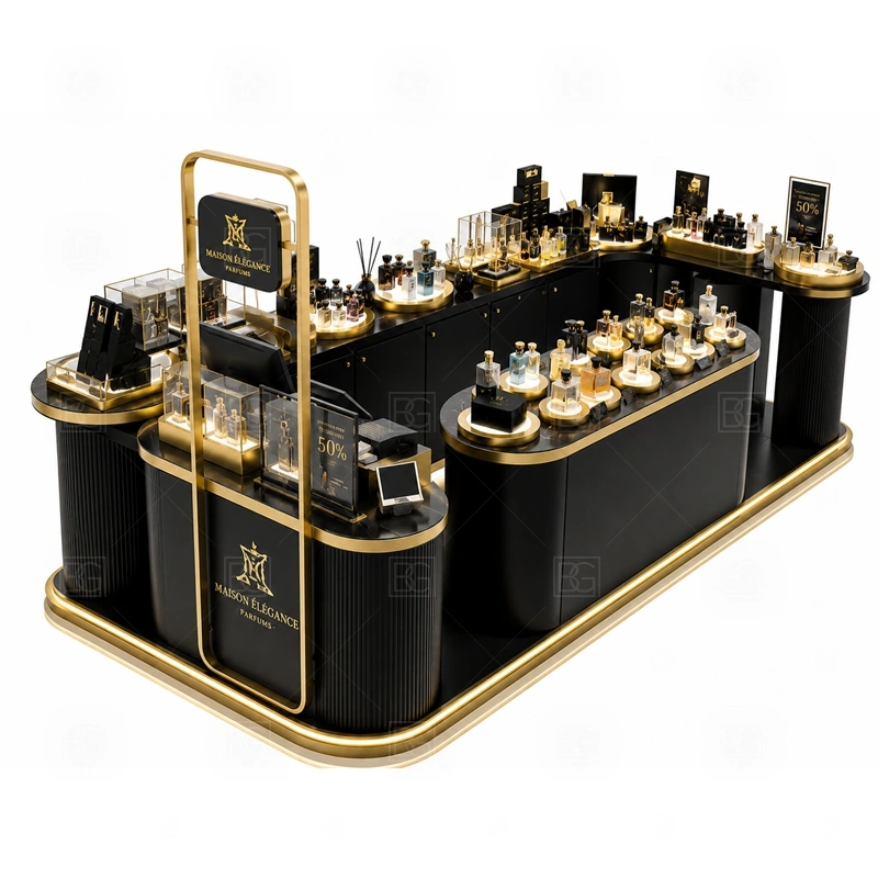 Premium Fragrance Kiosk Manufacturer display detail for perfume bottle displays, glass counters, and small product shelving planned for perfume bottles, testers, gift sets, fragrance boxes, and small beauty products, arranged around the visible showcase rhythm of Premium Fragrance Kiosk Manufacturer