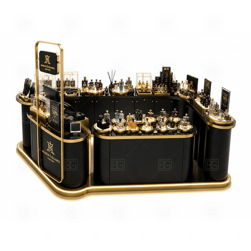 Premium Fragrance Kiosk Manufacturer branding detail for custom logo signage and brand color presentation coordinated with fragrance brand color, logo panels, front graphics, and mall visibility needs, tuned to the logo position and visible brand surfaces of Premium Fragrance Kiosk Manufacturer