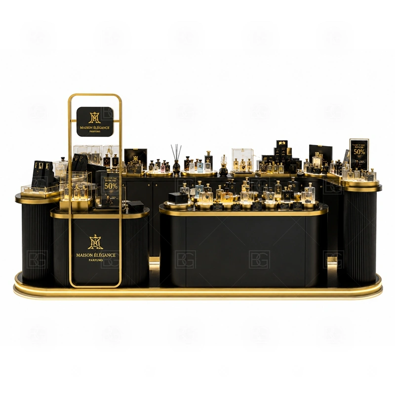 Premium Fragrance Kiosk Manufacturer storage detail for lockable drawers, bottle stock cabinets, tester storage, packaging space, and cable access planned for premium fragrance kiosk manufacturer