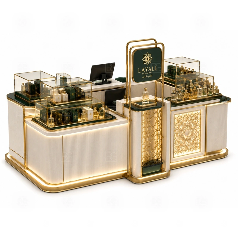 Premium Retail Perfume Booth for Shopping Mall with pink boutique fragrance display shown in the premium retail perfume booth for shopping mall product photos for fragrance and perfume retail