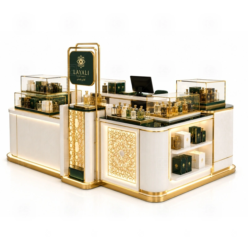 Premium Retail Perfume Booth for Shopping Mall layout showing shopping mall perfume kiosk layout with display counters, storage, and cashier planning shown in the premium retail perfume booth for shopping mall product photos, with compact lease areas where storage and customer flow must be planned carefully