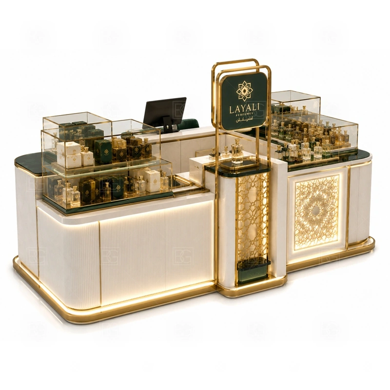 Premium Retail Perfume Booth for Shopping Mall display detail for perfume bottle displays, glass counters, and small product shelving planned for perfume bottles, testers, gift sets, fragrance boxes, and small beauty products, arranged around the visible showcase rhythm of Premium Retail Perfume Booth for Shopping Mall