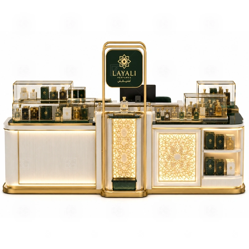 Premium Retail Perfume Booth for Shopping Mall storage detail for lockable drawers, bottle stock cabinets, tester storage, packaging space, and cable access planned for premium retail perfume booth for shopping mall