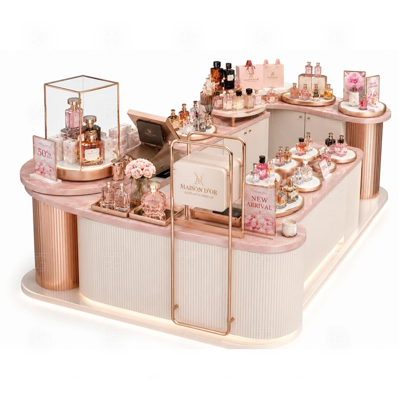 Retail Mall Perfume Kiosk for Sale with logo tower and illuminated signage shown in the retail mall perfume kiosk for sale product photos for fragrance and perfume retail