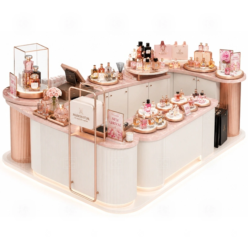 Retail Mall Perfume Kiosk for Sale layout showing shopping mall perfume kiosk layout with display counters, storage, and cashier planning shown in the retail mall perfume kiosk for sale product photos, with compact lease areas where storage and customer flow must be planned carefully
