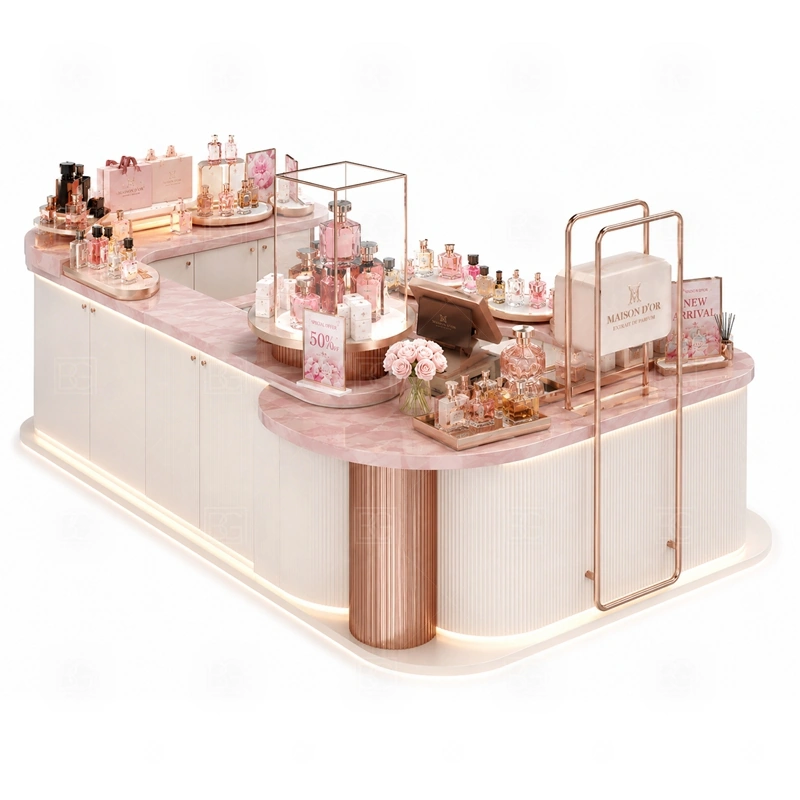 Retail Mall Perfume Kiosk for Sale display detail for tester counter, scent bar area, and bottle display shelves planned for perfume bottles, testers, gift sets, fragrance boxes, and small beauty products, arranged around the visible showcase rhythm of Retail Mall Perfume Kiosk for Sale
