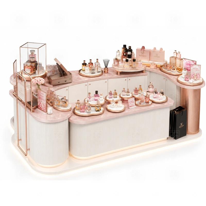 Retail Mall Perfume Kiosk for Sale branding detail for tall logo tower and warm LED brand lighting coordinated with fragrance brand color, logo panels, front graphics, and mall visibility needs, tuned to the logo position and visible brand surfaces of Retail Mall Perfume Kiosk for Sale