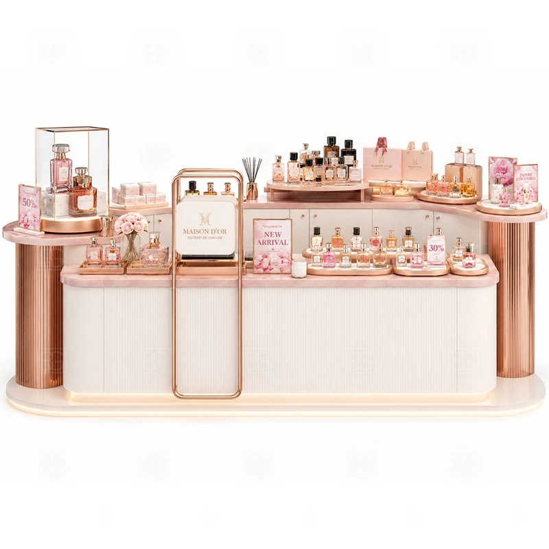 Retail Mall Perfume Kiosk for Sale storage detail for lockable drawers, bottle stock cabinets, tester storage, packaging space, and cable access planned for retail mall perfume kiosk for sale