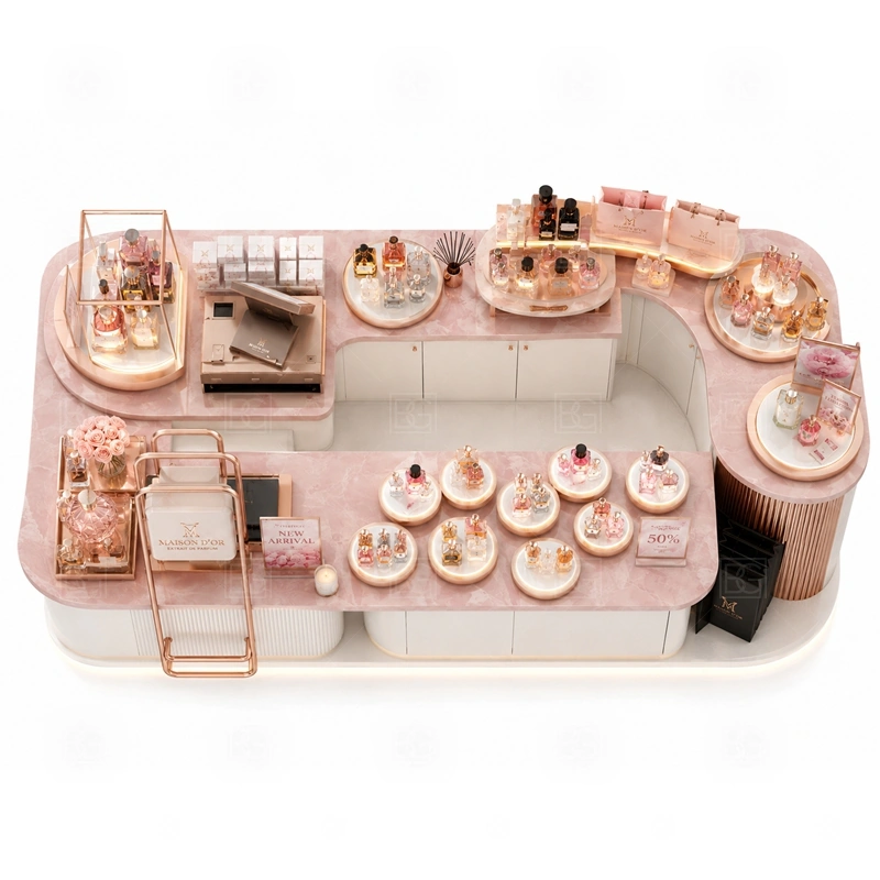 Retail Mall Perfume Kiosk for Sale buyer planning detail for Retail Mall Perfume Kiosk for Sale target size, bottle display quantity, tester counter size, logo sign dimensions, glass showcase size, lighting color, mall rules, destination country