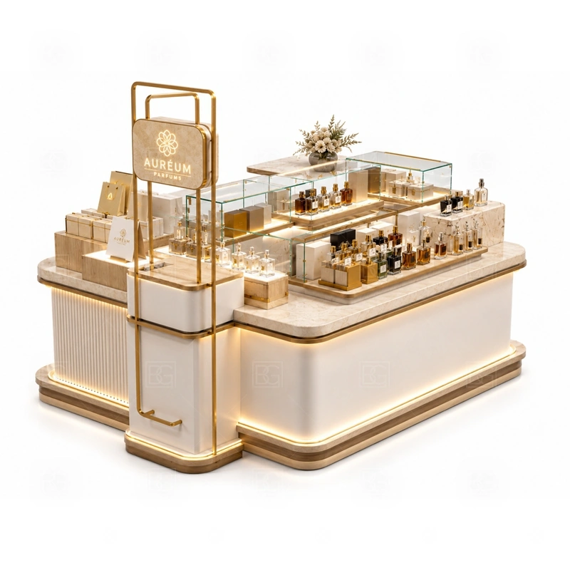 Retail Perfume Display Counter Manufacturer layout showing island perfume kiosk layout with browsing from several sides shown in the retail perfume display counter manufacturer product photos, with front-facing mall traffic with a clear customer approach and staff side behind the counter
