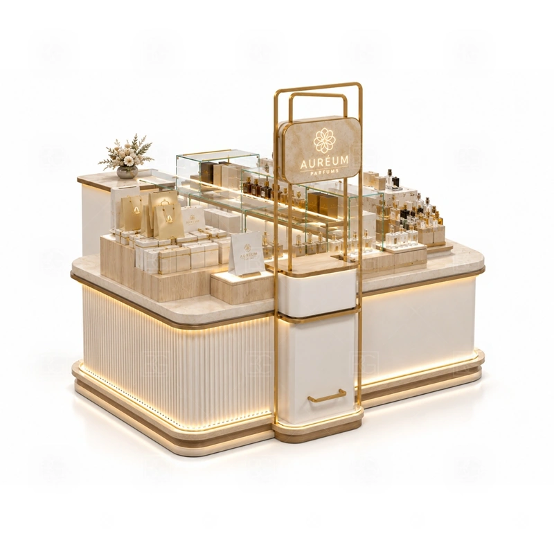 Retail Perfume Display Counter Manufacturer display detail for perfume bottle displays, glass counters, and small product shelving planned for perfume bottles, testers, gift sets, fragrance boxes, and small beauty products, arranged around the visible showcase rhythm of Retail Perfume Display Counter Manufacturer
