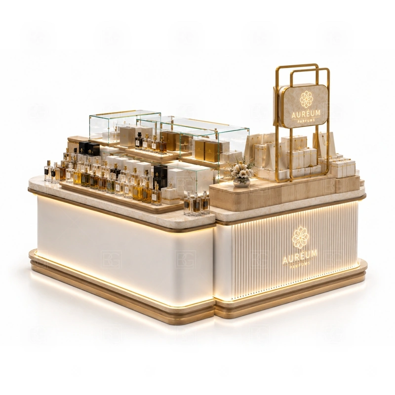 Retail Perfume Display Counter Manufacturer branding detail for custom logo signage and brand color presentation coordinated with fragrance brand color, logo panels, front graphics, and mall visibility needs, tuned to the logo position and visible brand surfaces of Retail Perfume Display Counter Manufacturer