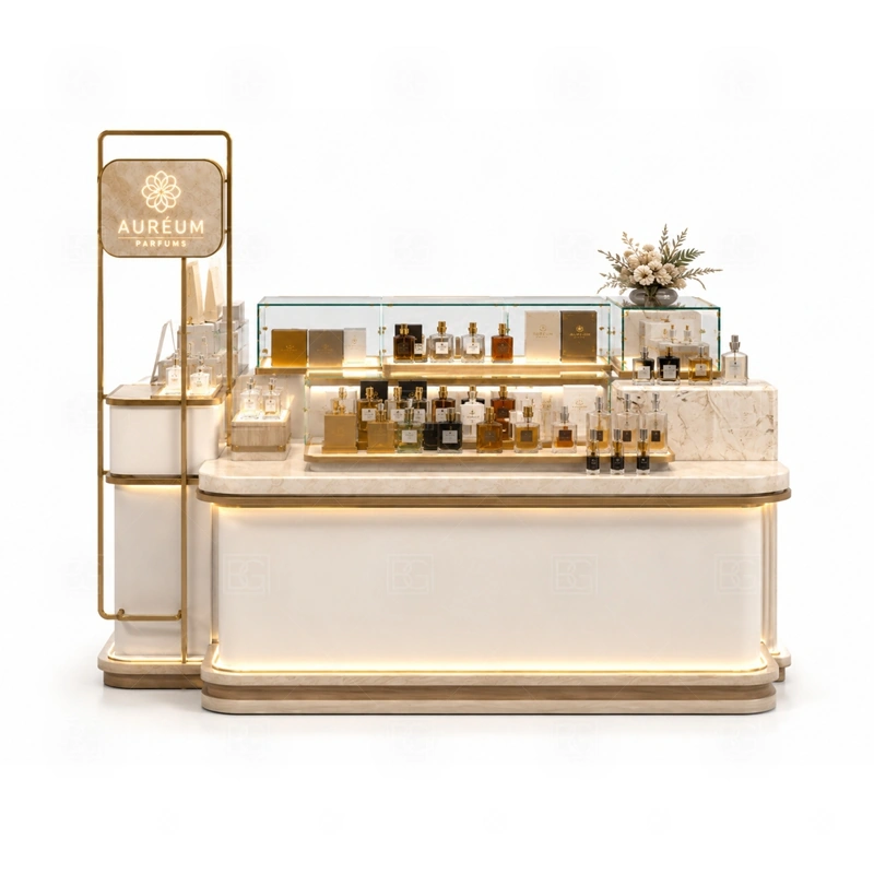 Retail Perfume Display Counter Manufacturer storage detail for lockable drawers, bottle stock cabinets, tester storage, packaging space, and cable access planned for retail perfume display counter manufacturer