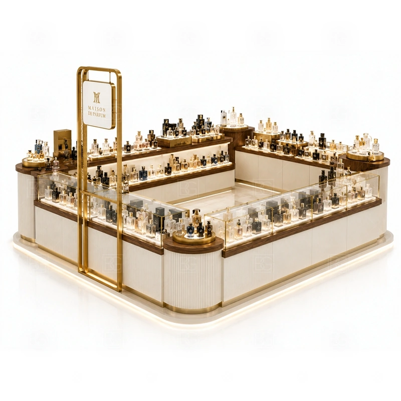 Retail Retail Perfume Booth with Logo Tower with glass showcase and product shelving shown in the retail retail perfume booth with logo tower product photos for fragrance and perfume retail