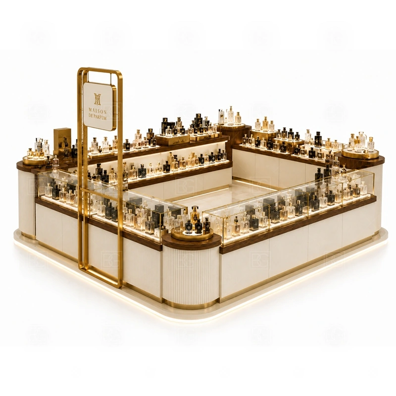 Retail Retail Perfume Booth with Logo Tower display detail for tempered glass showcases and visible perfume bottle display zones planned for perfume bottles, testers, gift sets, fragrance boxes, and small beauty products, arranged around the visible showcase rhythm of Retail Retail Perfume Booth with Logo Tower