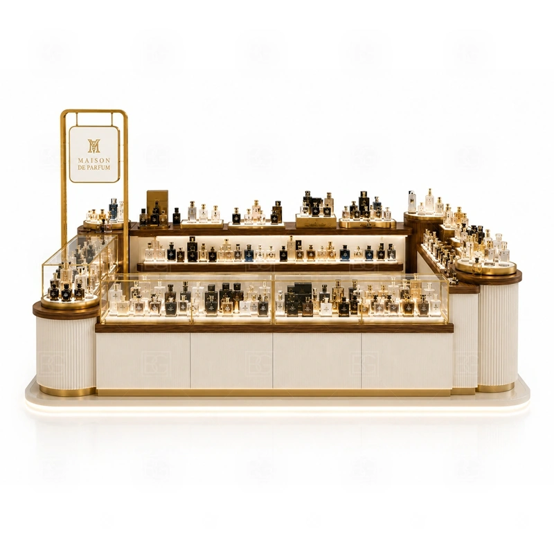 Retail Retail Perfume Booth with Logo Tower storage detail for lockable drawers, bottle stock cabinets, tester storage, packaging space, and cable access planned for retail retail perfume booth with logo tower