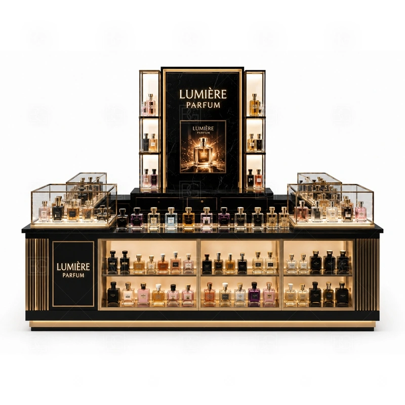 Scent Display Perfume Display Counter Custom Made layout showing island perfume kiosk layout with browsing from several sides shown in the scent display perfume display counter custom made product photos, with food court traffic where order, payment, and pickup need a clean sequence