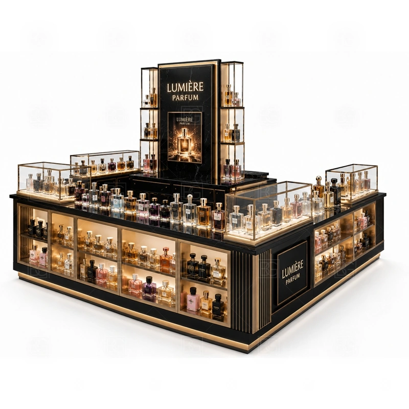 Scent Display Perfume Display Counter Custom Made branding detail for custom logo signage and brand color presentation coordinated with fragrance brand color, logo panels, front graphics, and mall visibility needs, tuned to the logo position and visible brand surfaces of Scent Display Perfume Display Counter Custom Made