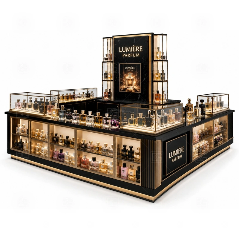 Scent Display Perfume Display Counter Custom Made storage detail for lockable drawers, bottle stock cabinets, tester storage, packaging space, and cable access planned for scent display perfume display counter custom made