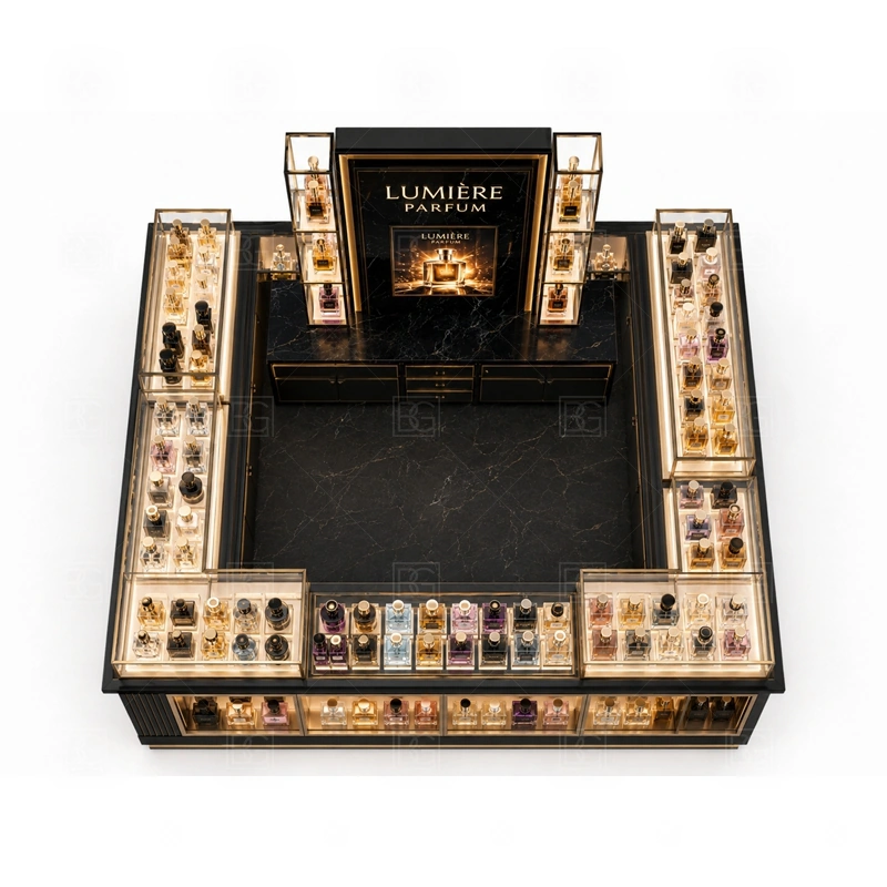 Scent Display Perfume Display Counter Custom Made buyer planning detail for Scent Display Perfume Display Counter Custom Made target size, bottle display quantity, tester counter size, logo sign dimensions, glass showcase size, lighting color, mall rules, destination country