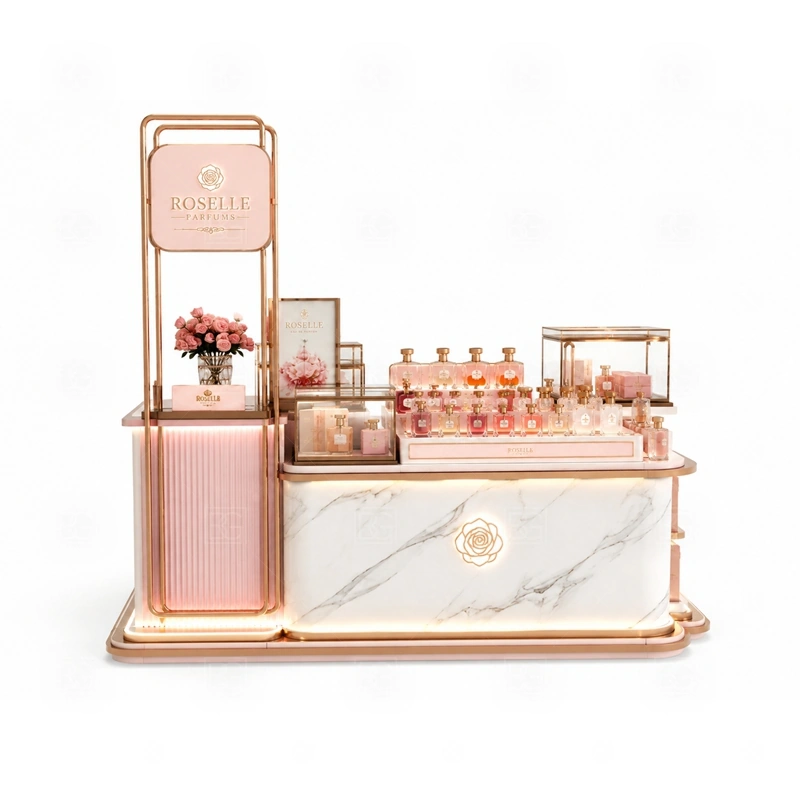 Scent Display Scent Bar Kiosk Design with cashier counter and lockable storage shown in the scent display scent bar kiosk design product photos for fragrance and perfume retail