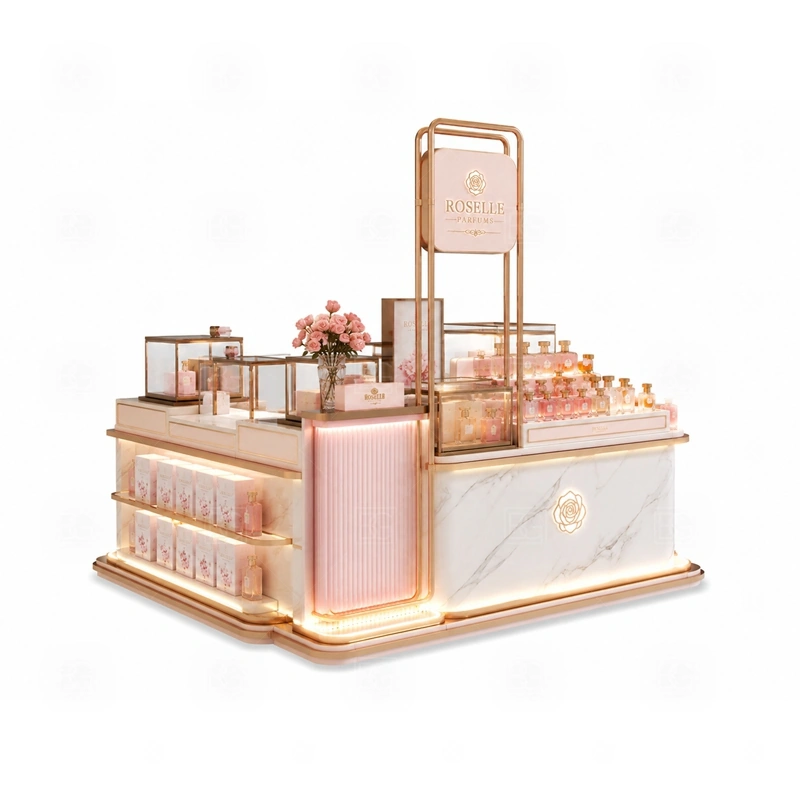 Scent Display Scent Bar Kiosk Design display detail for tempered glass showcases and visible perfume bottle display zones planned for perfume bottles, testers, gift sets, fragrance boxes, and small beauty products, arranged around the visible showcase rhythm of Scent Display Scent Bar Kiosk Design