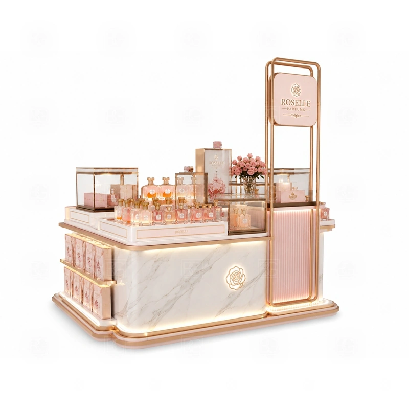 Scent Display Scent Bar Kiosk Design branding detail for custom logo signage and brand color presentation coordinated with fragrance brand color, logo panels, front graphics, and mall visibility needs, tuned to the logo position and visible brand surfaces of Scent Display Scent Bar Kiosk Design
