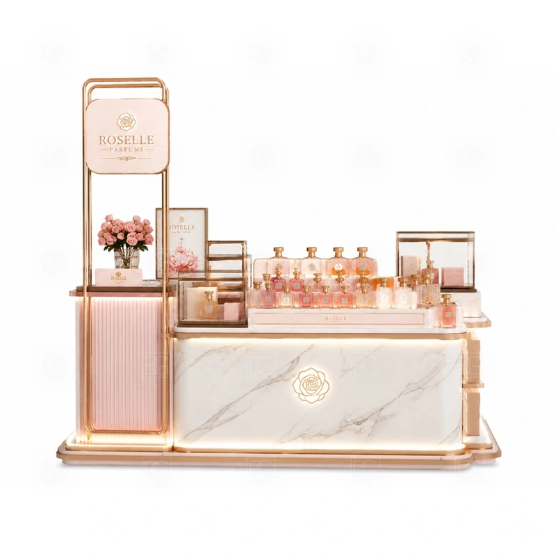 Scent Display Scent Bar Kiosk Design storage detail for lockable drawers, bottle stock cabinets, tester storage, packaging space, and cable access planned for scent display scent bar kiosk design