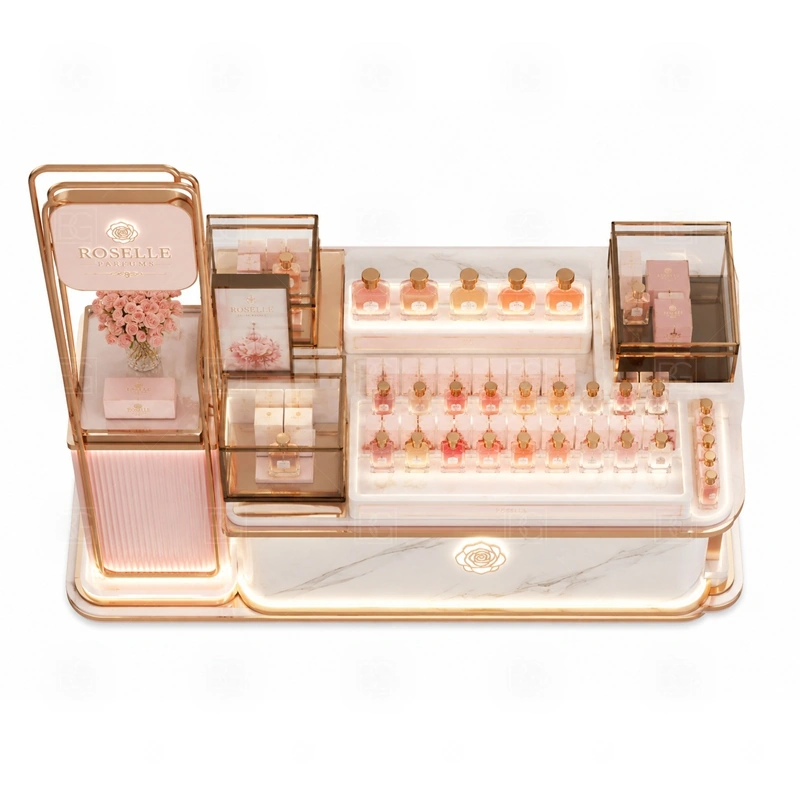 Scent Display Scent Bar Kiosk Design buyer planning detail for Scent Display Scent Bar Kiosk Design target size, bottle display quantity, tester counter size, logo sign dimensions, glass showcase size, lighting color, mall rules, destination country