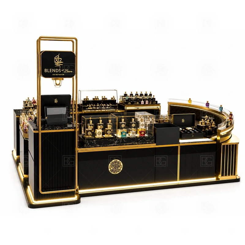 Shopping Mall Fragrance Display Stand Custom Made layout showing island perfume kiosk layout with browsing from several sides shown in the shopping mall fragrance display stand custom made product photos, with center-court traffic where customers may approach from more than one direction