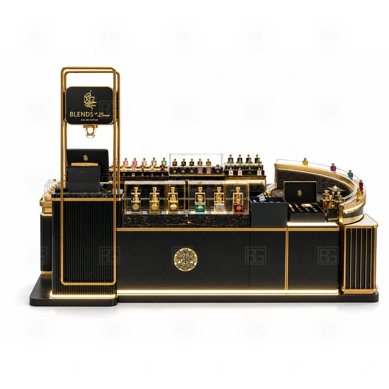 Shopping Mall Fragrance Display Stand Custom Made storage detail for lockable drawers, bottle stock cabinets, tester storage, packaging space, and cable access planned for shopping mall fragrance display stand custom made