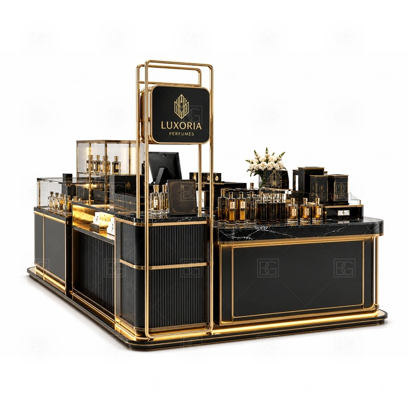 Shopping Mall Fragrance Kiosk Design with cashier counter and lockable storage shown in the shopping mall fragrance kiosk design product photos for fragrance and perfume retail
