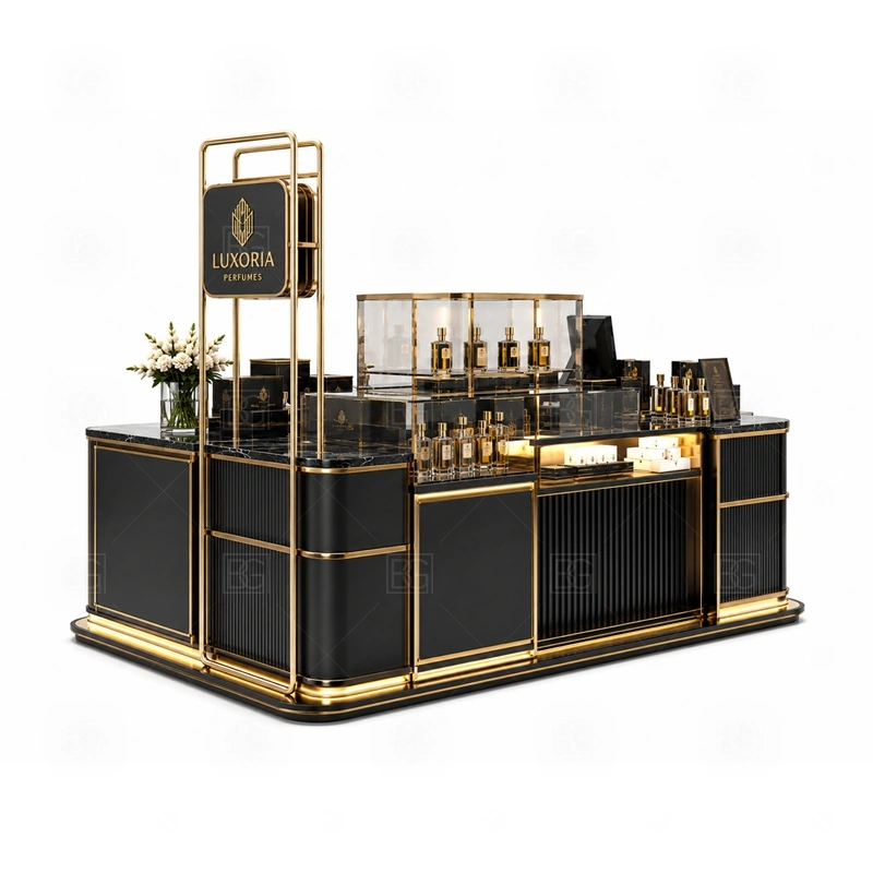 Shopping Mall Fragrance Kiosk Design display detail for tempered glass showcases and visible perfume bottle display zones planned for perfume bottles, testers, gift sets, fragrance boxes, and small beauty products, arranged around the visible showcase rhythm of Shopping Mall Fragrance Kiosk Design
