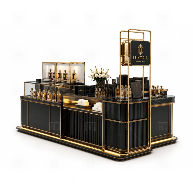 Shopping Mall Fragrance Kiosk Design branding detail for custom logo signage and brand color presentation coordinated with fragrance brand color, logo panels, front graphics, and mall visibility needs, tuned to the logo position and visible brand surfaces of Shopping Mall Fragrance Kiosk Design