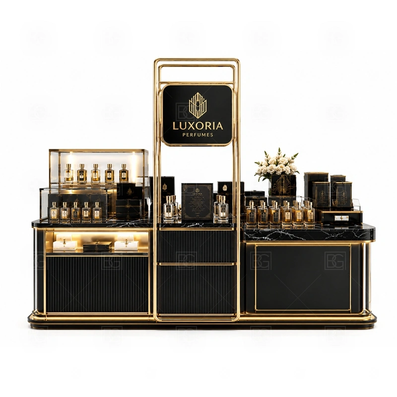 Shopping Mall Fragrance Kiosk Design storage detail for lockable drawers, bottle stock cabinets, tester storage, packaging space, and cable access planned for shopping mall fragrance kiosk design