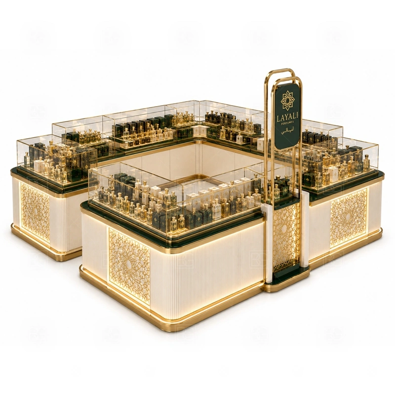 Shopping Mall Perfume Display Kiosk for Retail Business with perfume bottle display and tester counter shown in the shopping mall perfume display kiosk for retail business product photos for fragrance and perfume retail