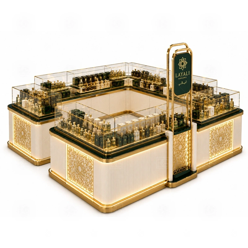 Shopping Mall Perfume Display Kiosk for Retail Business layout showing shopping mall perfume kiosk layout with display counters, storage, and cashier planning shown in the shopping mall perfume display kiosk for retail business product photos, with food court traffic where order, payment, and pickup need a clean sequence