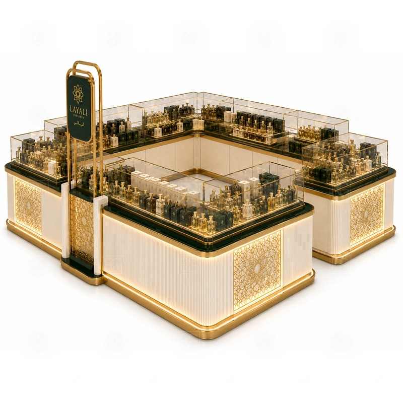 Shopping Mall Perfume Display Kiosk for Retail Business display detail for tester counter, scent bar area, and bottle display shelves planned for perfume bottles, testers, gift sets, fragrance boxes, and small beauty products, arranged around the visible showcase rhythm of Shopping Mall Perfume Display Kiosk for Retail Business