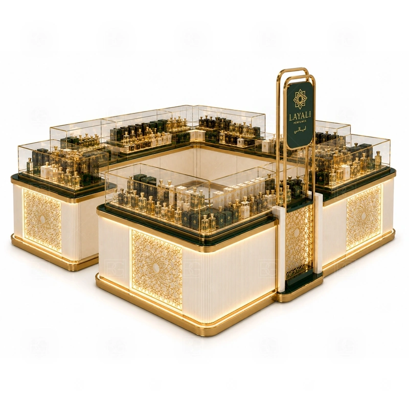 Shopping Mall Perfume Display Kiosk for Retail Business branding detail for custom logo signage and brand color presentation coordinated with fragrance brand color, logo panels, front graphics, and mall visibility needs, tuned to the logo position and visible brand surfaces of Shopping Mall Perfume Display Kiosk for Retail Business