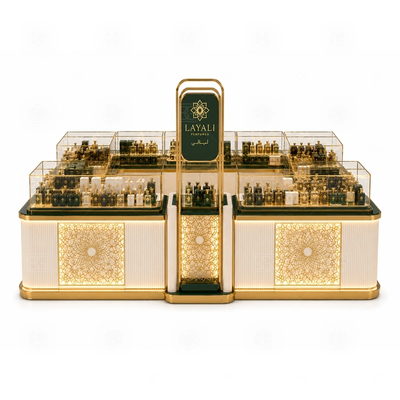 Shopping Mall Perfume Display Kiosk for Retail Business storage detail for lockable drawers, bottle stock cabinets, tester storage, packaging space, and cable access planned for shopping mall perfume display kiosk for retail business