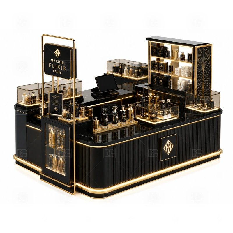 Small Business Mall Perfume Kiosk with Glass Showcase with white gold luxury counter style shown in the small business mall perfume kiosk with glass showcase product photos for fragrance and perfume retail