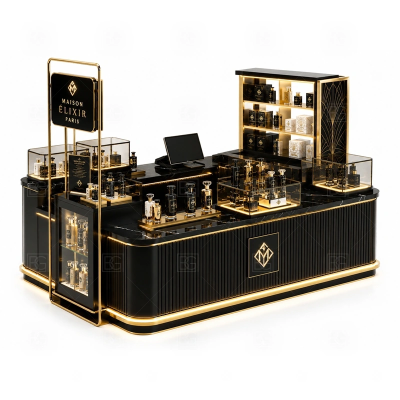 Small Business Mall Perfume Kiosk with Glass Showcase layout showing compact perfume kiosk layout for limited lease spaces shown in the small business mall perfume kiosk with glass showcase product photos, with brand-led retail locations where signage and product visibility need to work together